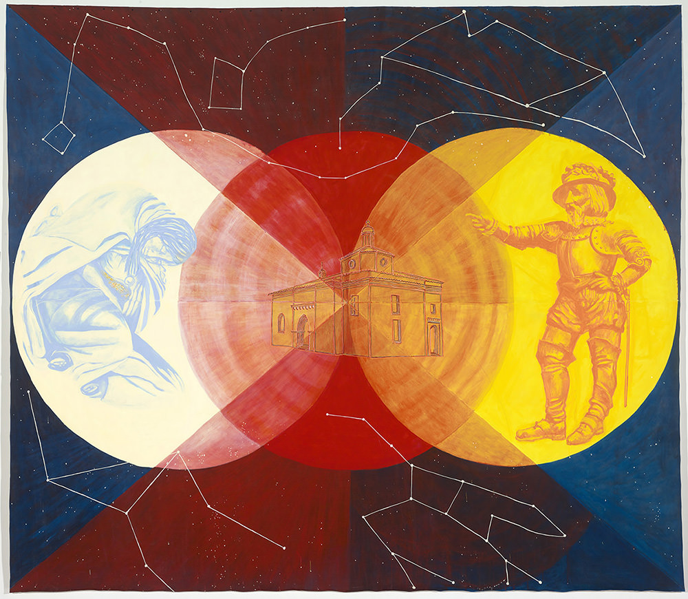 White, red and yellow circles on a blue and red background show various sketches and are surrounded by white constellations. 