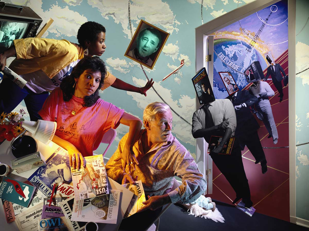 Colourful collage showing three people with disparate free trade-themed items around them. 