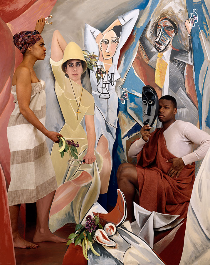 A photo of three people integrated into a Picasso-style painting. 