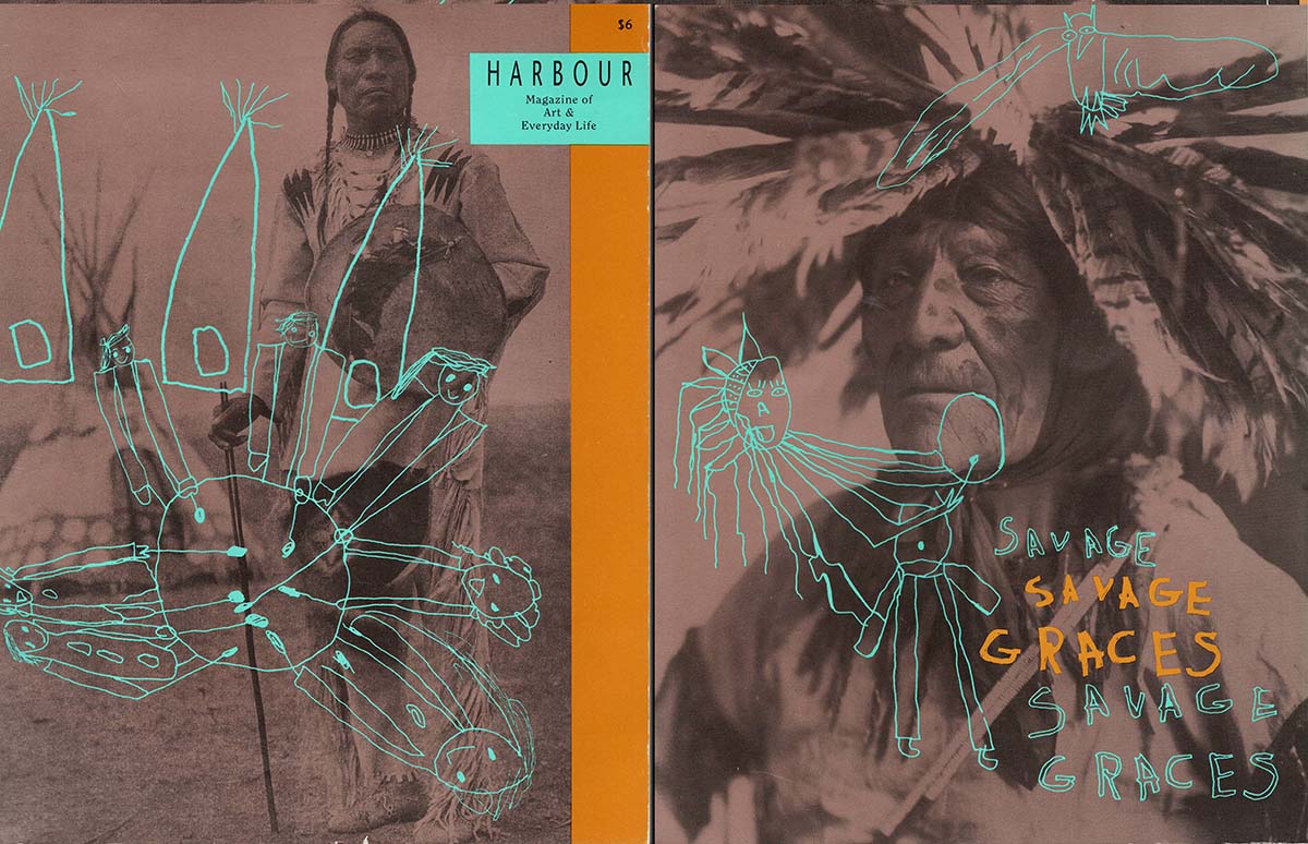 Sepia photos of First Nations men with bright line drawings on top of them. 