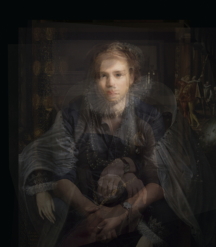 A montage of photo portraits superimposed on a period portrait. 
