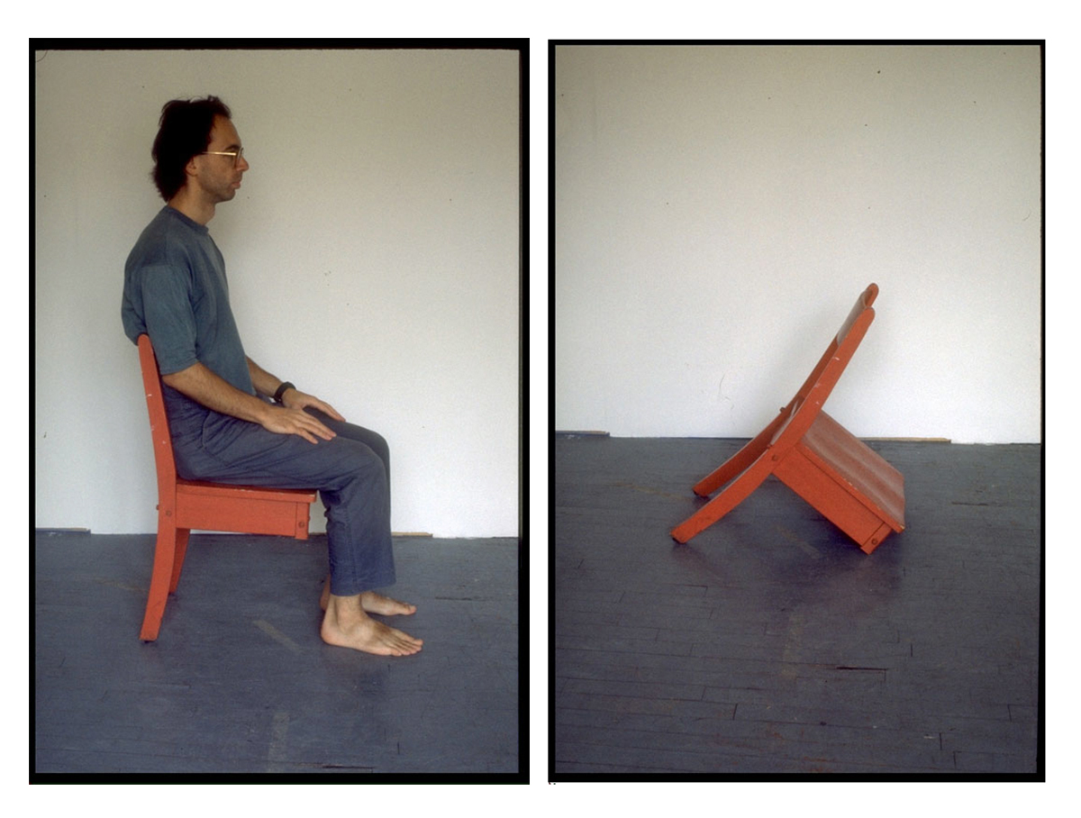 Two side-by-side photos showing a man sitting on a chair without front legs (left) and the same chair by itself (right). 