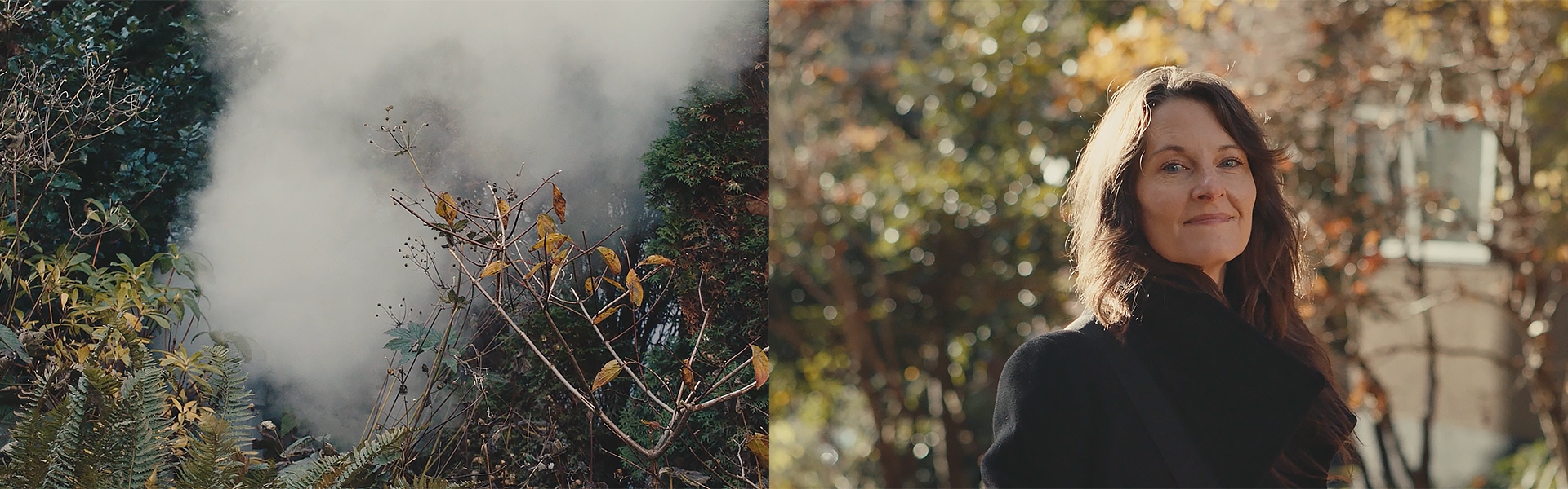 At left, a still image shows smoke rising from brush. At right, a casual portrait of Shannon Walsh outdoors.