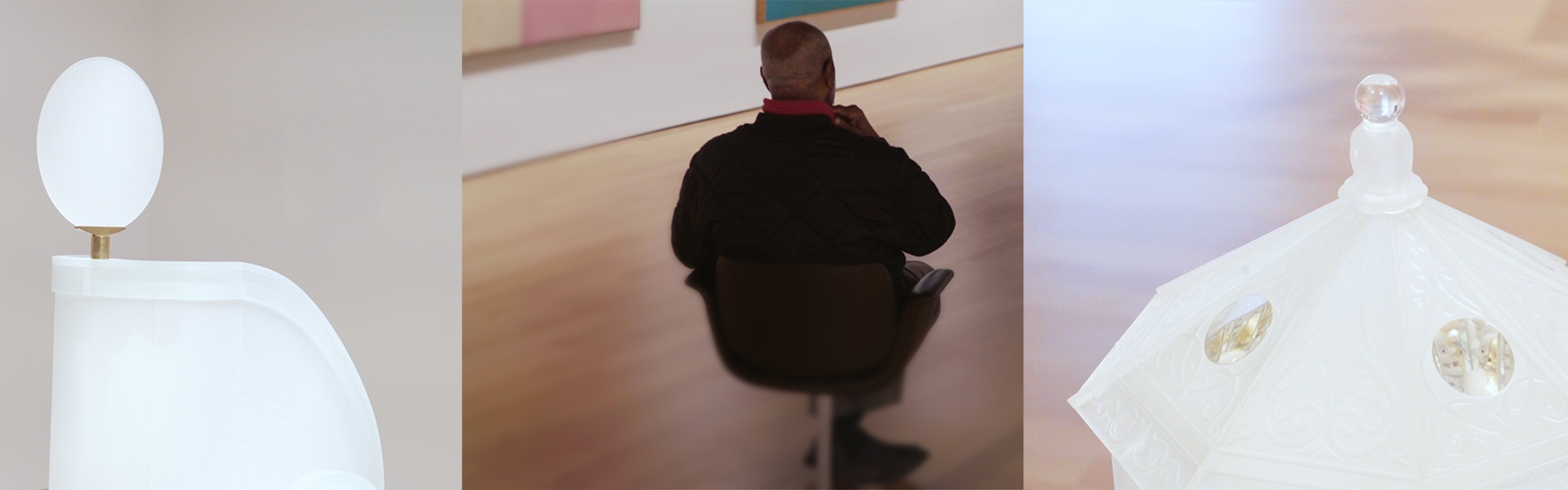 Tim Whiten is seen from behind, seated in an art gallery. At either side in this composite image is a detail taken from his work.