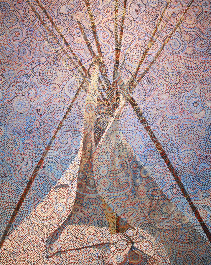 A tree-branch teepee with the outer surface of the canvas adorned with a pointillist mosaic of blue, red and ecru patterns. 