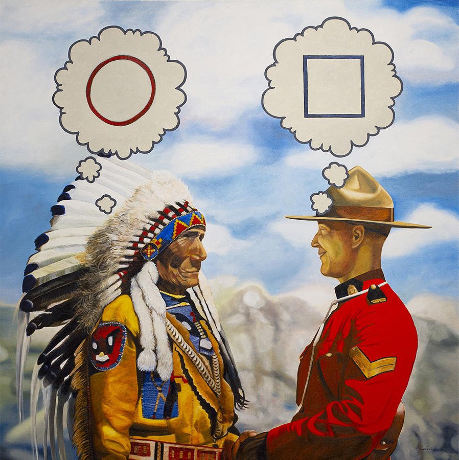 A man in a feathered headdress has a thought bubble above him containing a circle. A bubble above a man in an RCMP uniform contains a square. 