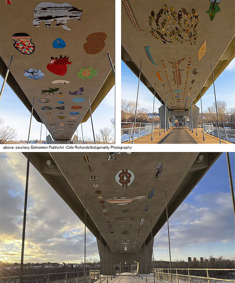 Many colourful designs—including figures of animals, canoes, knotted ropes and a human heart—adorn the underside of a concrete bridge. 