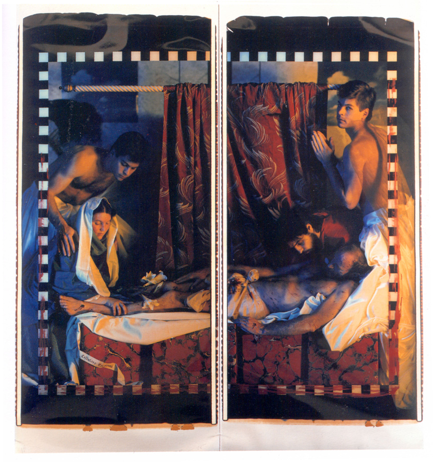 Two panels form the image of four people attending to the slumped figure of a man. Puncture wounds are visible on his hand and foot. 
