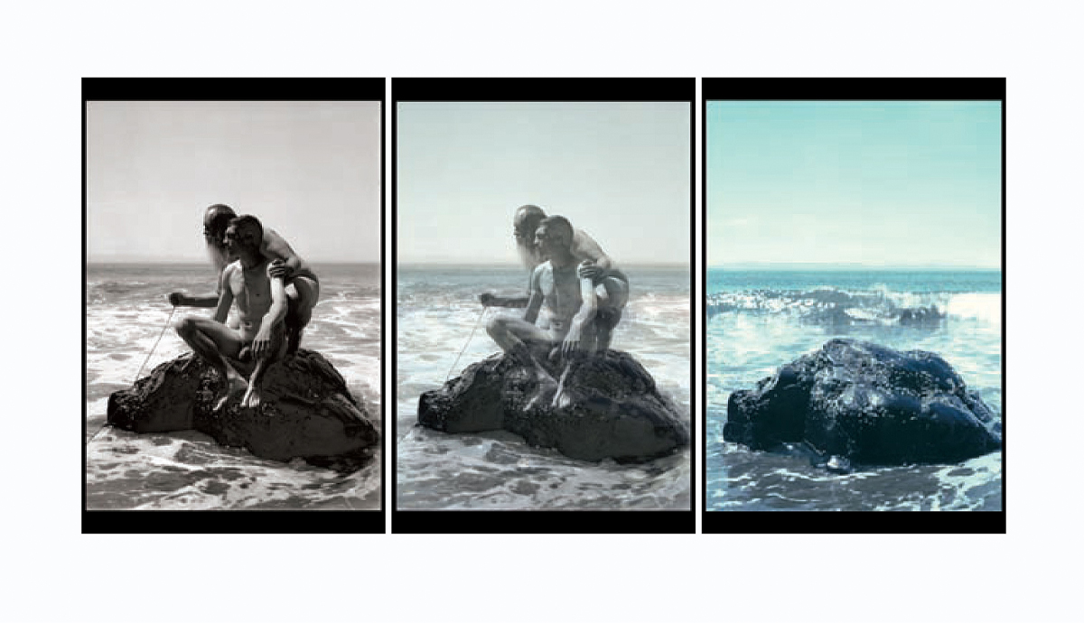 Nude figures of two men perched on a rough rock surrounded by ocean surf. Variations in the print are shown from three angles. 