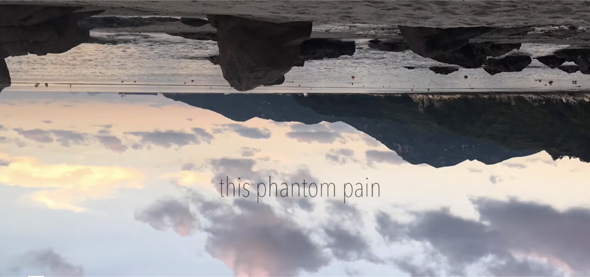 Text reading "this phantom pain" is superimposed on an upside-down image of a rocky beach with dark mountains in the background. 