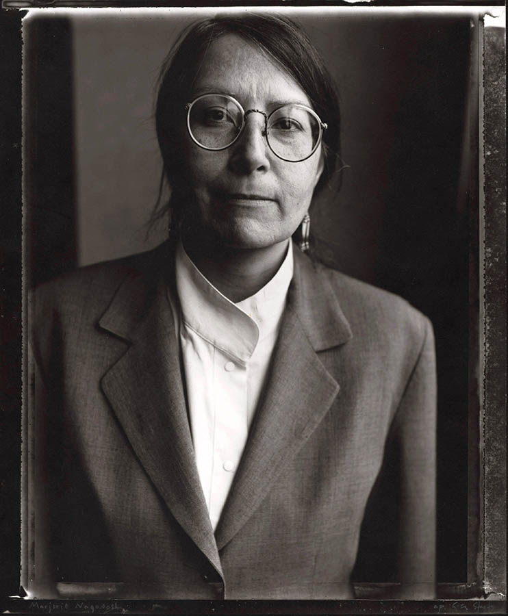 A black-and-white photo of Marjorie Noganosh. 
