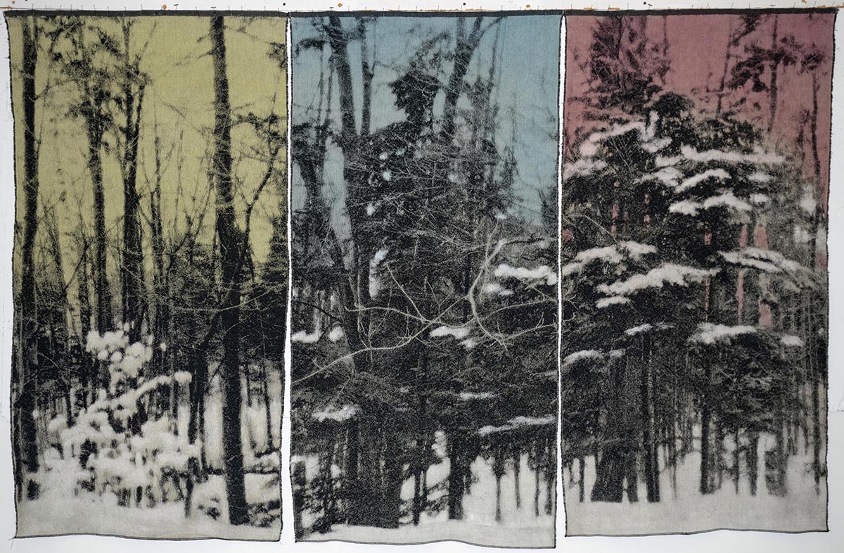 Three panels showing snow-covered trees against coloured skies. 
