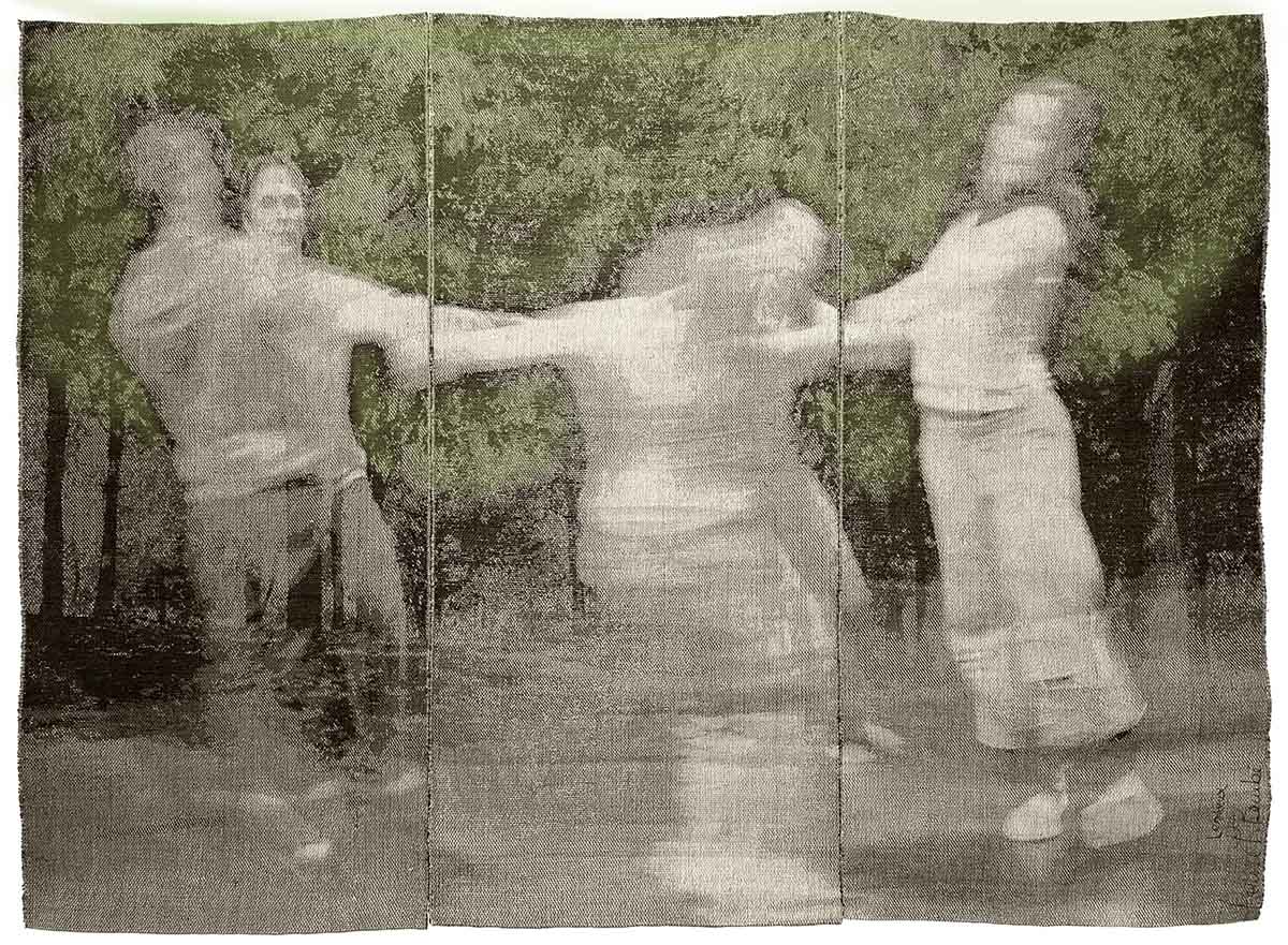 Three panels showing blurry sepia pictures of people holding hands in a circle against a forest backdrop.  