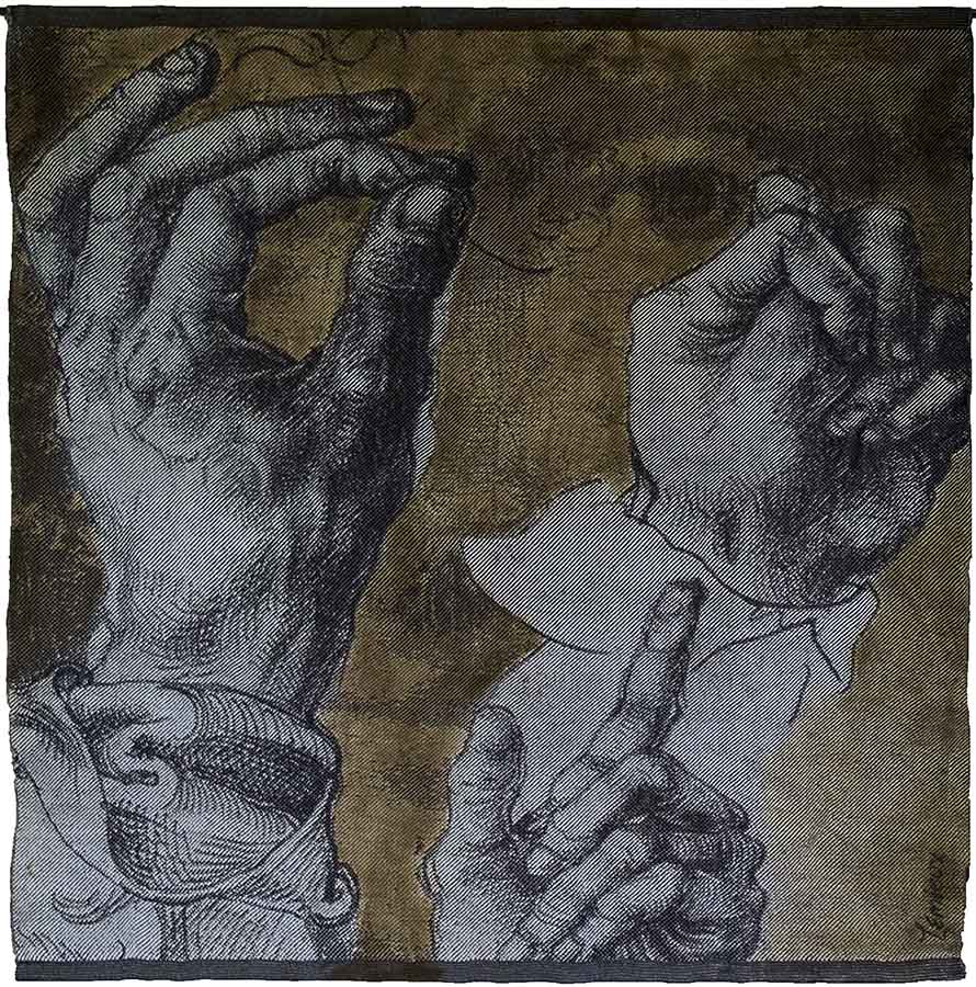 A drawing of three hands in various positions against a dark background. 