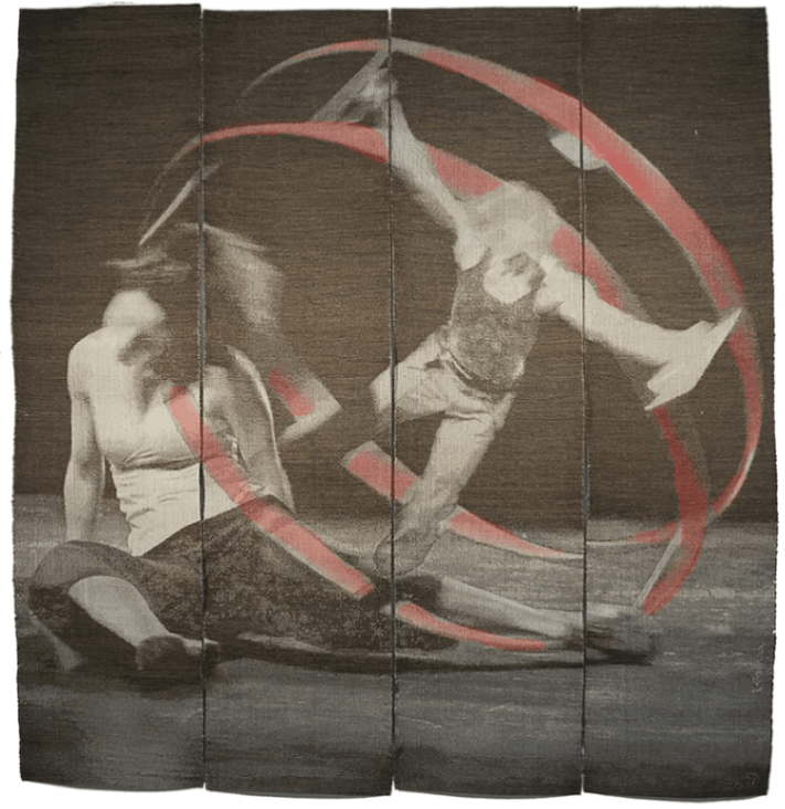 Four panels showing circus artists in black and white with a red German wheel. 