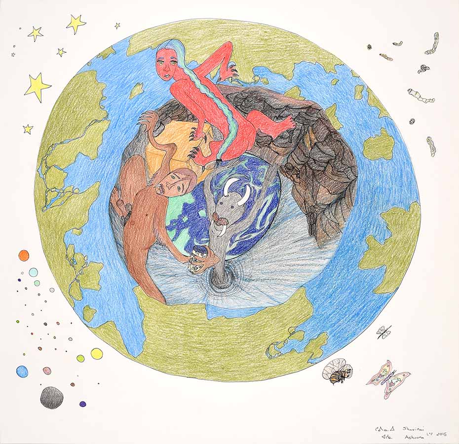 A colourful drawing of various characters on top of the Earth, surrounded by insects, planets and stars. 
