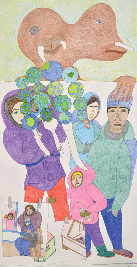 A colourful drawing showing a group of people and a walrus. 