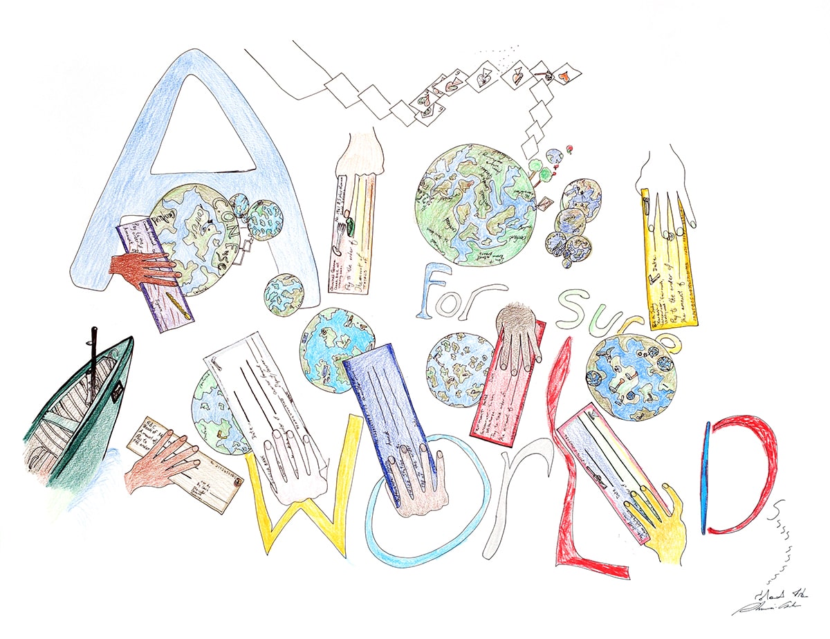 A colourful drawing showing several Earths and hands holding out cheques. 