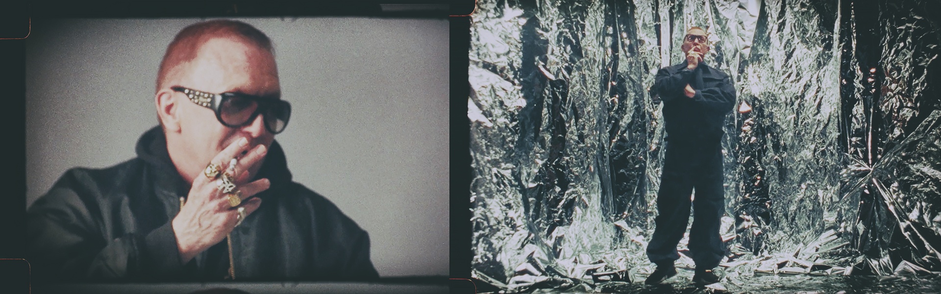 A diptych shows a man in sunglasses smoking a cigarette on the left and a man in black overalls standing in front of a foil backdrop.